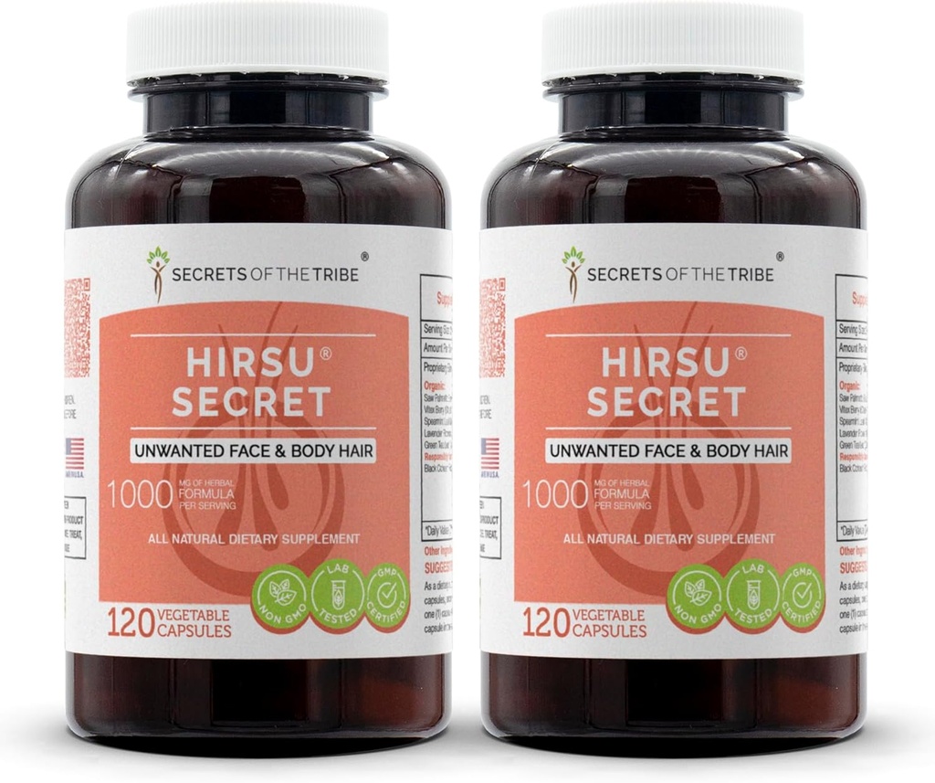 Hirsu Secret 120 Kapseln(2 St.), 1000 mg, Saw Palmetto, Black Cohosh, Vitex, Spearmint, Lavender, Green Tea. Unerwünschtes Gesicht und Körperhaar (2x120 Kapseln)