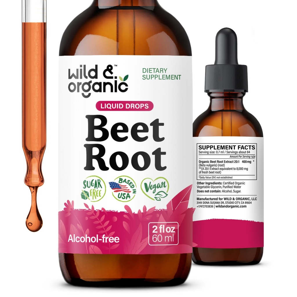 Wild & Organic Beet Root Tincture - 8000 mg Fresh Beetroot Extract Equivalent - Liquid Beet Root Supplements für Männer & Frauen - 400 mg pro Servierung - Vegan, Alkohol & Sugar-Free - 2 fl oz