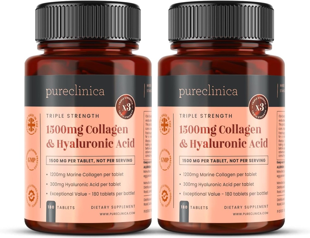 pureclinica UltraColl Collagen & Hyaluronsäure 1500mg x 360 Tabletten (2 Flaschen von 180) - 1 Jahre Versorgung