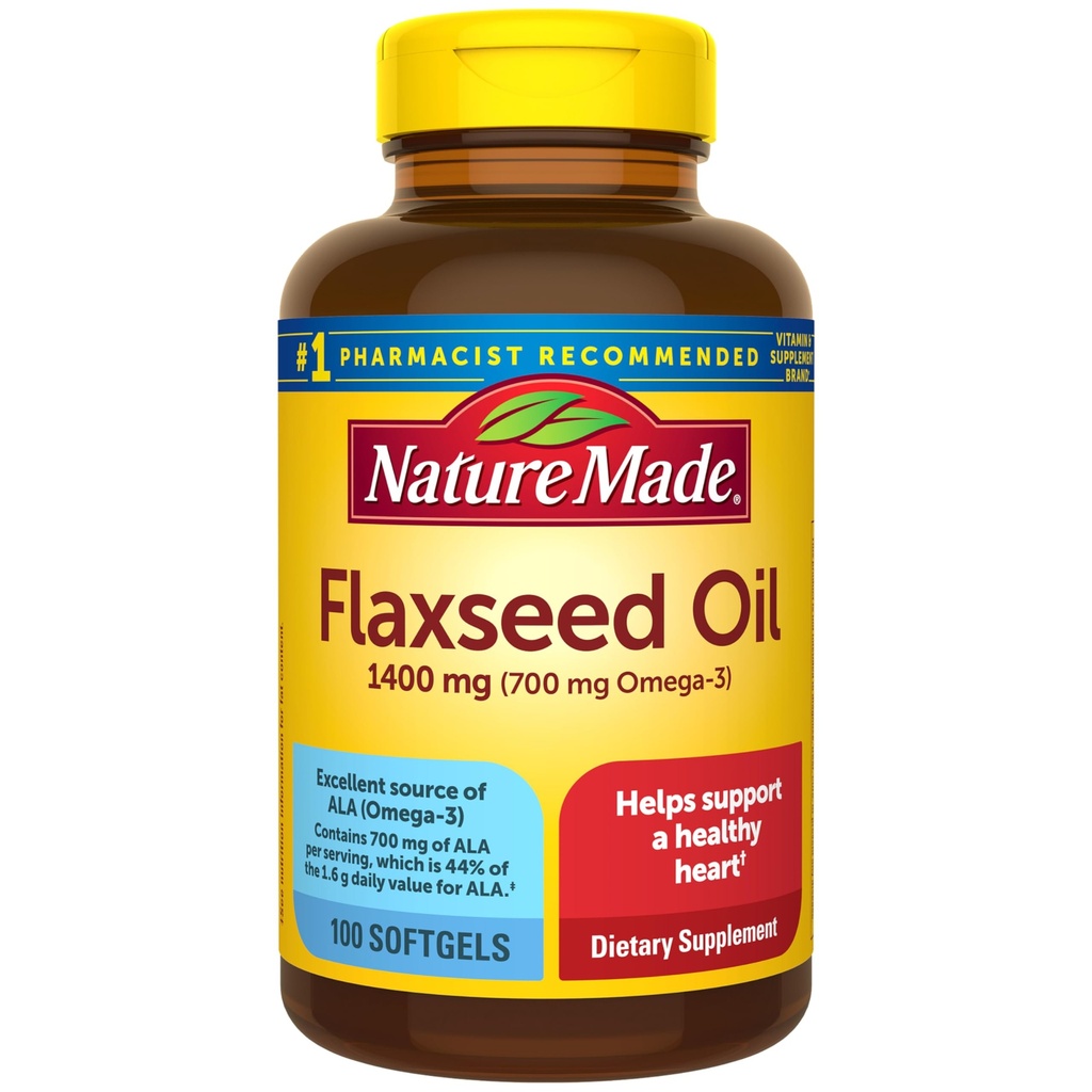 Natur gemacht extra Stärke Flaxseed Öl 1400 mg, Fish Free Omega 3 Supplement, Nahrungsergänzung für Herzgesundheit Unterstützung, 100 Softgel, 100 Tage Versorgung
