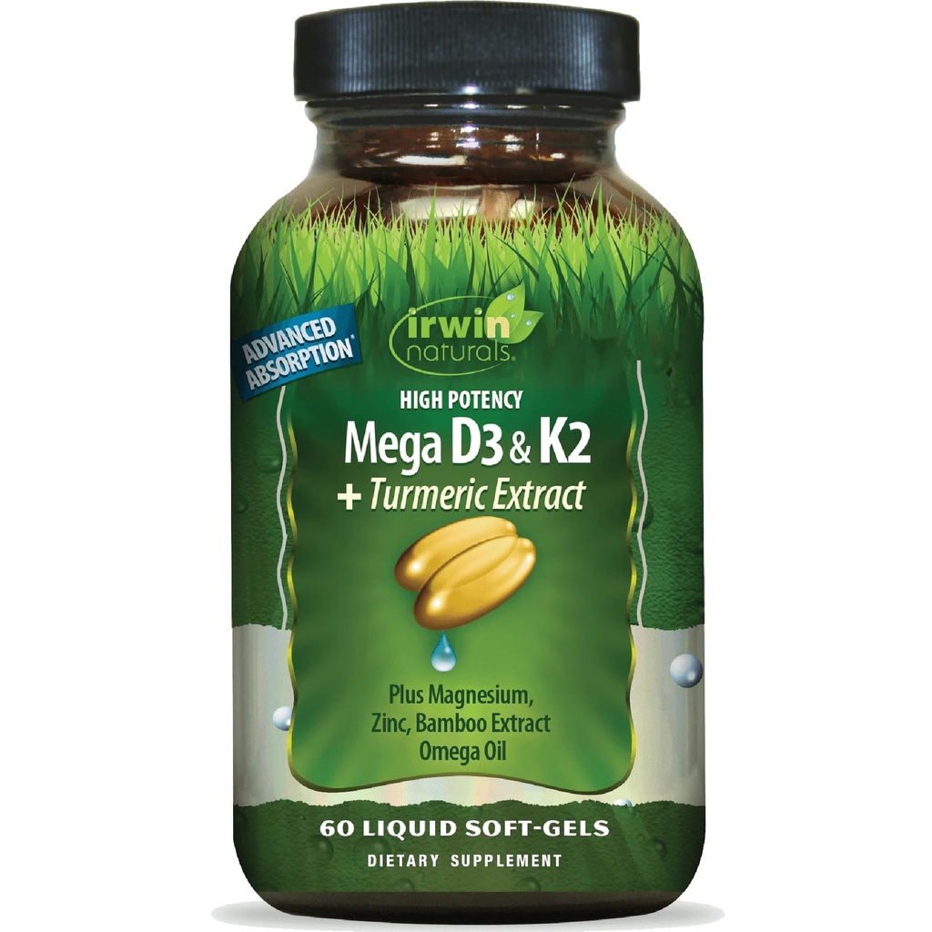 Irwin Naturals High Potency Mega D3 & K2 + Turmeric Extract - 60 Liquid Softgels - Gesunde Knochen & Immunfunktion
