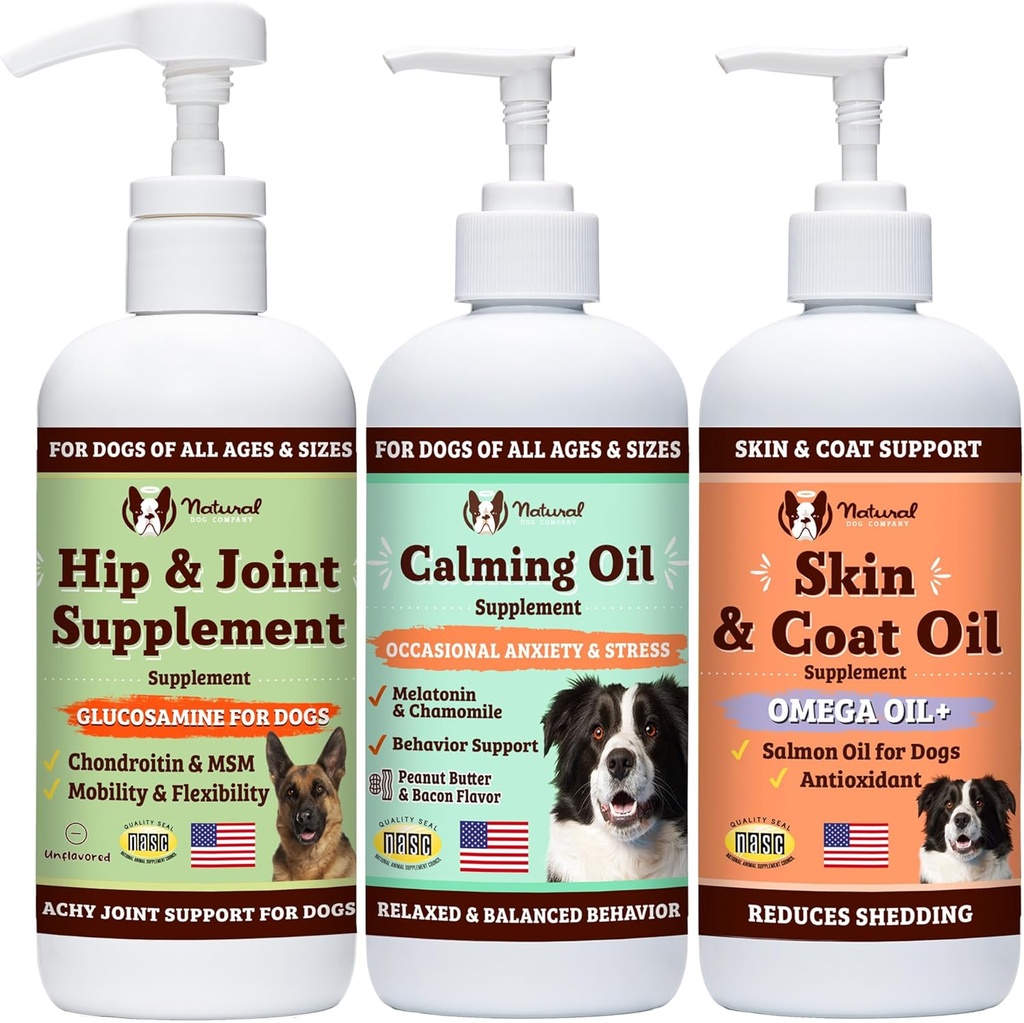 Natural Dog Company Wellness Bund$le for Dogs, Food Toppers, Liquid Supplements with (1) Haut- und Mantelöl, (1) Flüssiges Glucosamin, (1) Calming Oil