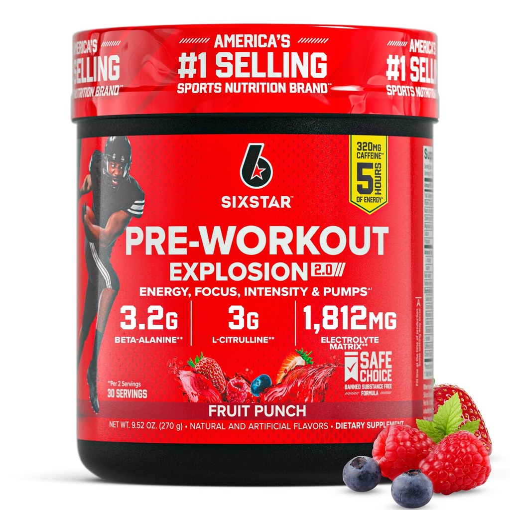 Six Star Pre-Workout Pulver für Männer und Frauen, Obst-Punch (30 Portionen) - Preworkout Explosion 2.0 Energy Powder Drink Mix mit Beta-Alanine & Koffein - Sporternährungsergänzung Produkte