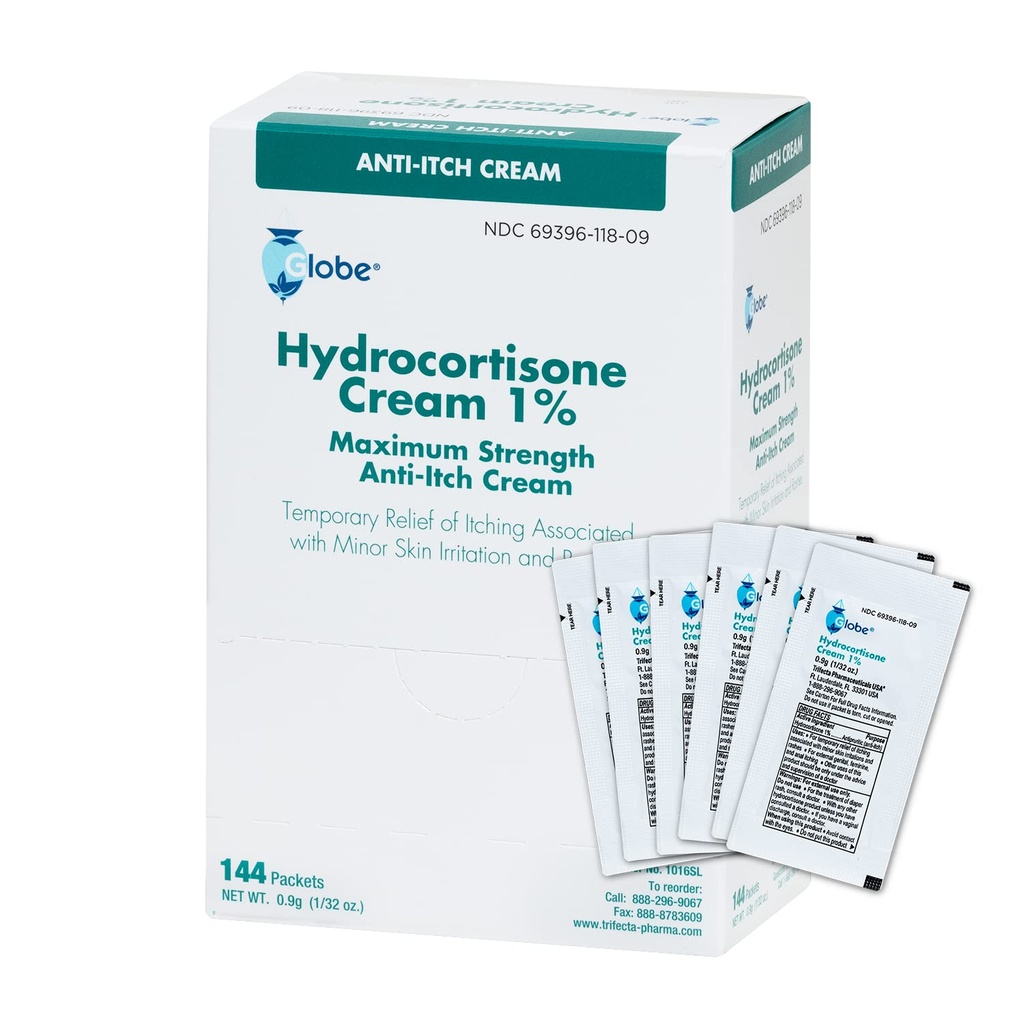 Globe (Box 144 Hydrocortison 1% Maximum Strength Cream, (0.9g Single Packet) Anti-Itch Cream für Redness, Schwellung, Juckreiz, Rash, Bug/Moskito-Bites, Eczema, Hämorrhoiden & More