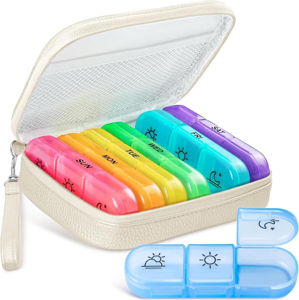 Süße Pille Organizer 3 Mal pro Tag, große tägliche Pille Fall für Frauen, Tragbare Pille Box 7 Tag für Geldbeutel mit Tasche & Zipper halten Vitamine, Medikamente, Fischöle, Beilagen (Beige)