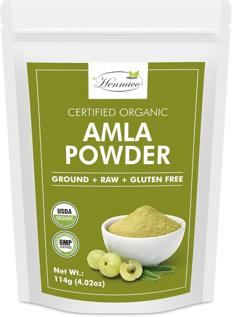 hennaco Organic Amla Powder| Amla Powder for Cooking, Smoothies, and Juices | Resealable Zip Lock Pouch | USDA Organics Pure & Natural Indian Gooseberry Powder| 114 Grams (4 OZ)