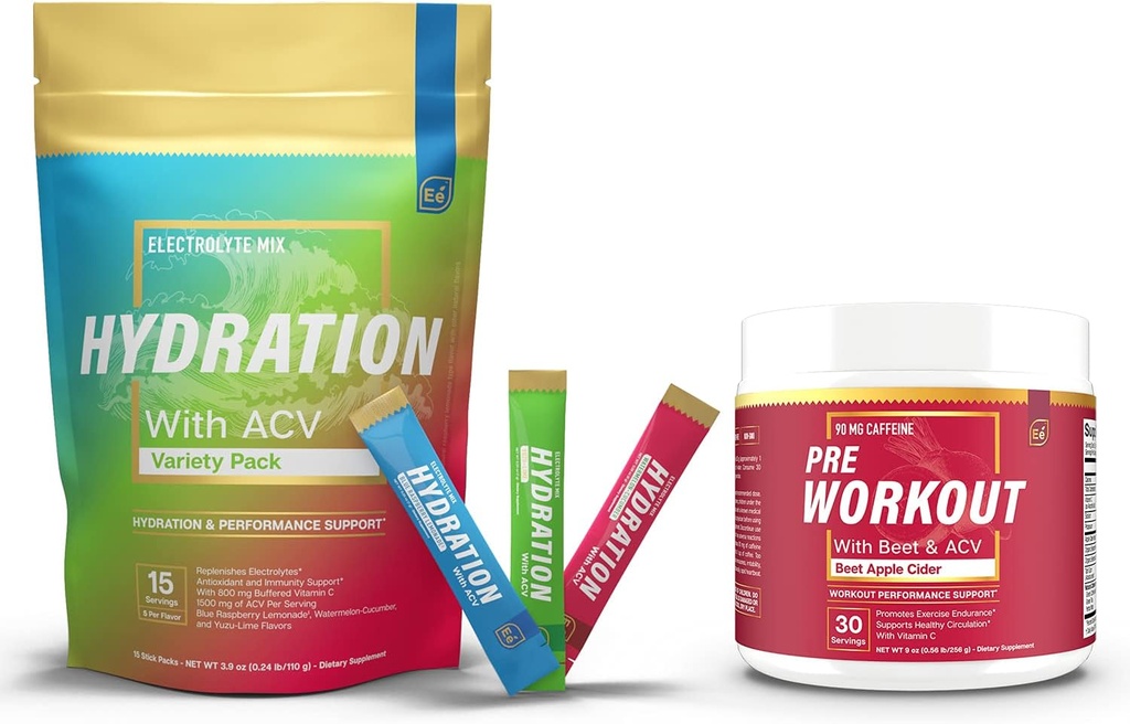 Sugar Free Hydration Powder Packets Vielfalt - 15 Stick Packs & PreWorkout Pulver mit ACV | Hitze, Übung, Reisen, tägliche Hydration + Superfood Energie & All-Natural Nitric Oxide Booster Plus Koffein