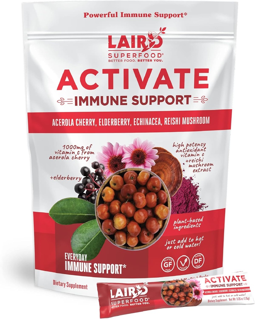 Laird Superfood Activate Immununterstützung Powder Drink Supplement, 1000 mg Vitamin C von Acerola Cherry, Elderberry, Echinacea und Reishi Mushroom, 7.75 Gramm Stick, Packung von 10