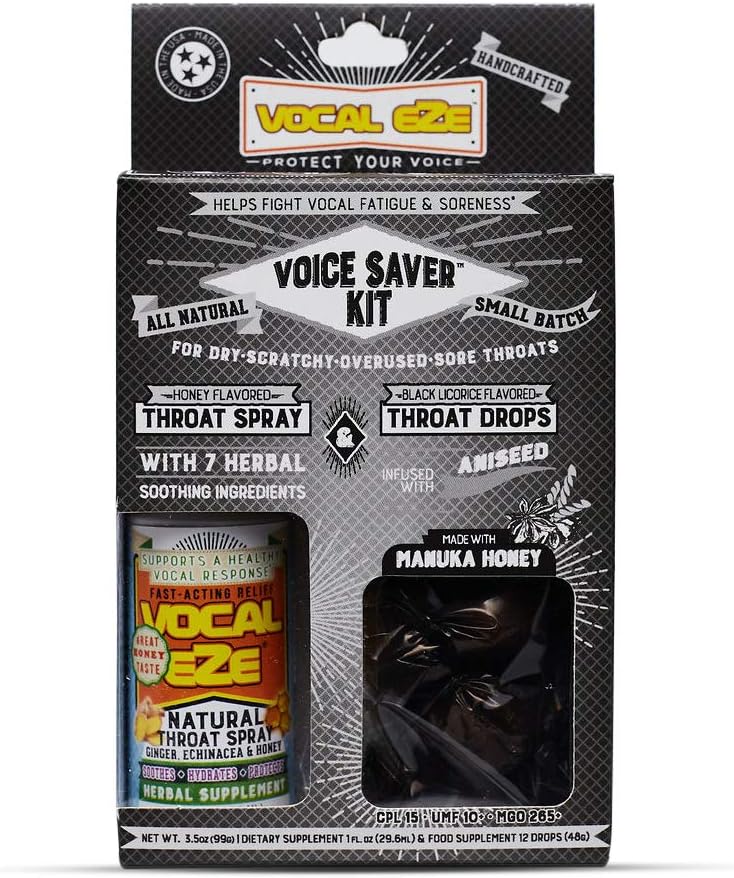 Vocal Eze Voice Saver Kit, Inklusive Vocal Herbal Throat Spray (1) und (12) Manuka Honey Drops | Relieve Sore, Hoarse, Fatigue, Trockenheit von Throat | Immununterstützung, natürliche Inhaltsstoffe (Aniseed)