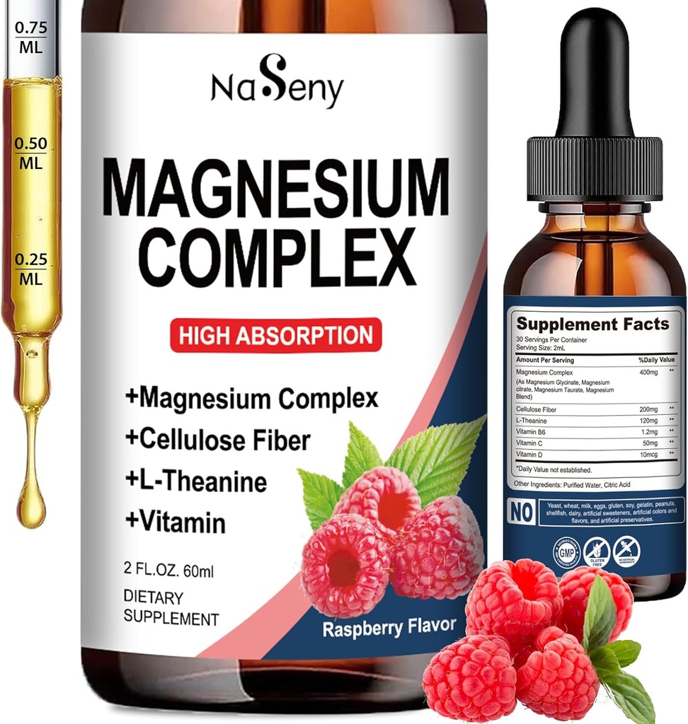 Magnesium Complex Supplement, 400 mg Magnesium Glycinat, Malat & Citrat Vitamin Blend für Frauen und Männer, hohe Absorption - für Entspannung, gute Schlaf & Nerve Gesundheit (60ML/Raspberry)