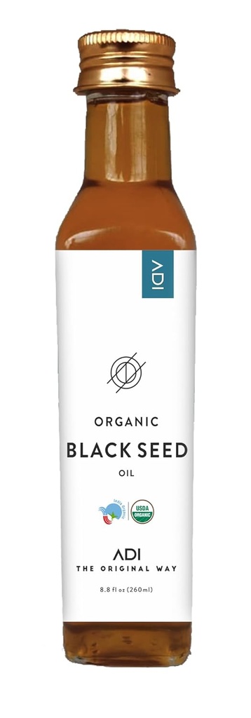 ADI Natural Black Seed Oil 8.8 oz, 100% reines ungerafftes kaltgepresstes flüssiges Öl, Glasflasche, USDA zertifiziert, Nigella Sativa, Rich in Omega 3-6-9