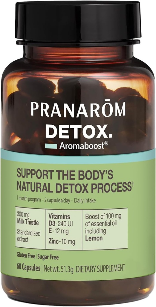 Pranarom - Aromaboost Detox Kräuterergänzung - Eliminiert Toxine und Drains Der Körper - Milchdistel und Zink - Vitamine D3 und E - Zitronenätherisches Öl - 60 Zähler