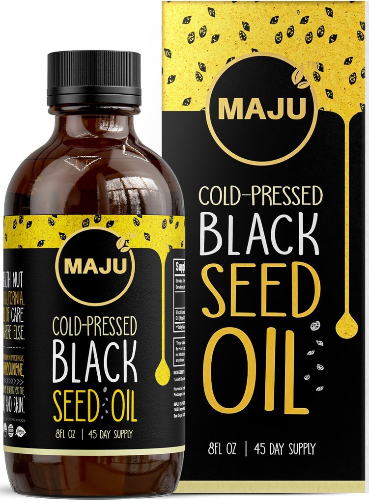 MAJU Black Seed Oil - 3 Mal Thymochinon, kalt-gepresst, 100% Türkisch Schwarz Cumin Seed Öl, Flüssigkeit reines Schwarzes Öl, Glasflasche, 8 Unzen