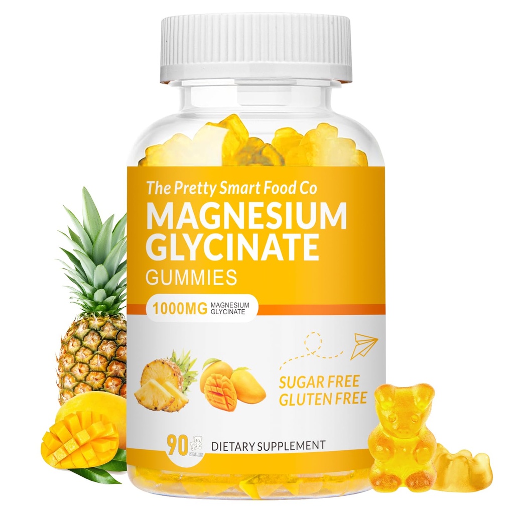 Magnesium Glycinate Gummie 1000mg - 90 Ct | Magnesium Kalium-Ergänzungen für Entspannung, Stress-Relief, mit Vitamin D, B6, CoQ10 für ruhige Stimmung & Schlaf-Unterstützung - Mango Ananasgummis