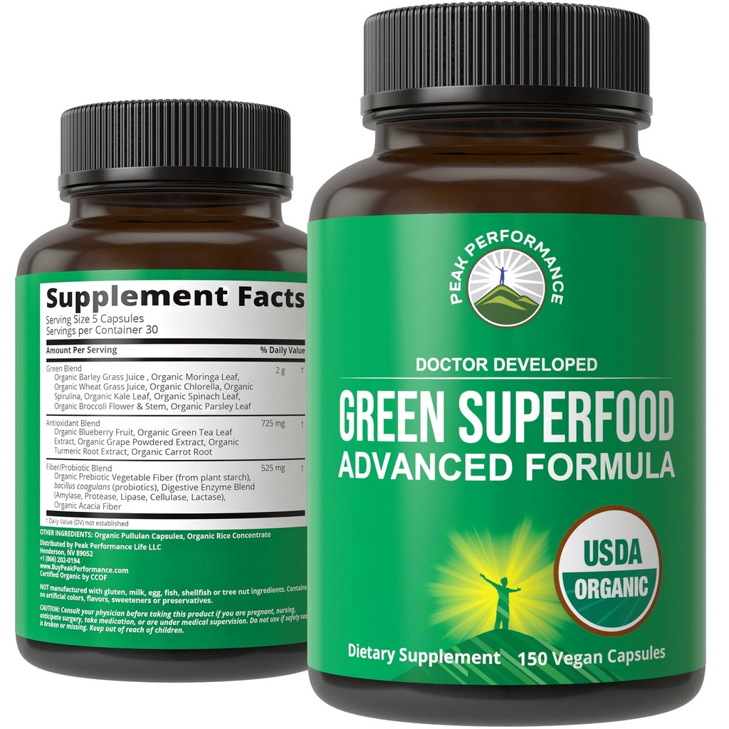 Bio Super Greens 150 Kapseln - Green Juice Superfood Supplement mit 25 Alle natürlichen Zutaten. Max Energy und Detox Super Food Pillen mit Spirulina, Spinat, Kale, Turmeric, Probiotics