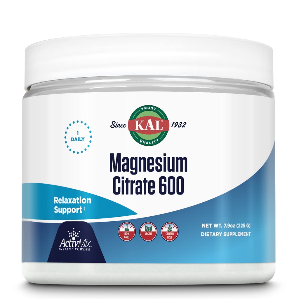 KAL Magnesium Citrate 600 mg ActivMix Instant Powder, Magnesium Supplement für gesunde Muskelfunktion, Entspannung, Nerven- und Kreislaufunterstützung, Vegan, Non-GMO, Glutenfrei, Ca. 60 Serv, 7.9oz