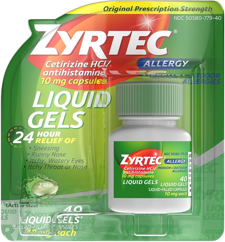 Zyrtec 24 Hour Indoor & Outdoor Allergy Liquid Gels, Antihistamin Kapseln mit Cetirizine Hydrochlorid für All-Day Allergy Relief, 40 ct (Pack von 2)