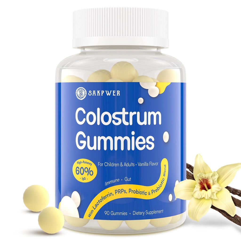 Bovine Colostrum Supplement Gummies - with 60% Highest IgG, Lactoferrin, Probiotics and Prebiotics for Adults and Kids, Vanilla Flavor & Sugar Free, 90 Gummies