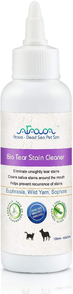 Arava Natural Tear and Stain Remover for Dogs and Cats - Effektive Lösung mit 26 Toten Meer Mineralien, entfernt und verhindert Augen- und Speichel Stains