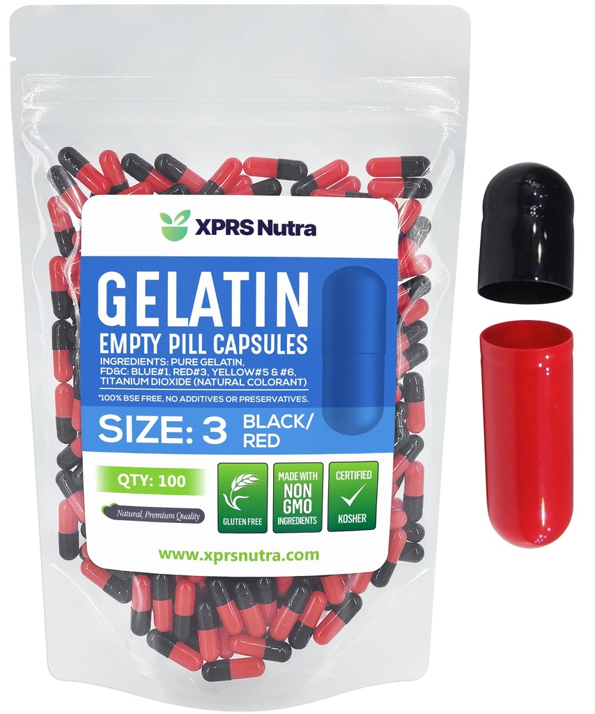 XPRS Nutra Größe 3 Leere Kapseln - 100 Count Leere Gelatine Kapseln - Pillen DIY Kapsel Füllung - Pure Bovine Pille Gel Kapseln füllbar für Do-It-Yourself Vitamine und Ergänzungen (schwarz/rot)