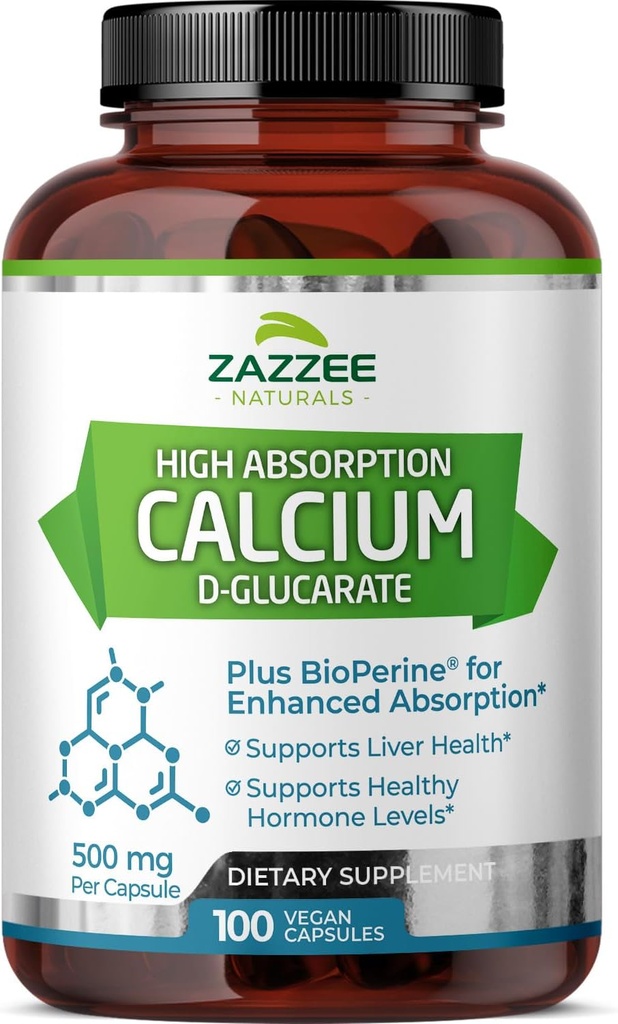 Zazzee High Absorption Calcium D-Glucarate, 500 mg pro Kapsel, 3 mg BioPerine für verbesserte Absorption, 100 Vegan Kapseln, Plus Broccoli 10:1 Extrakt, 100% Vegetarisch, CDG, All-Natural und Non-GMO