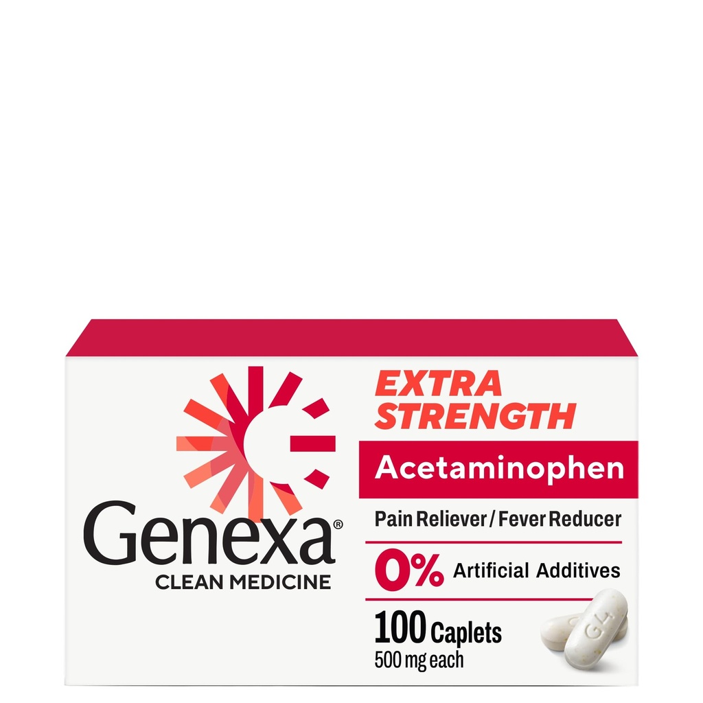 Genexa Clean Acetaminophen 500mg Extra Strength, Dye Free Pain Reliever Fever Reducer, 0% Künstliche Additive, Schmerzmedizin für Erwachsene, glaubt Kopfschmerzen, Backache, Minor Arthritis Pain, 100 Tabletten