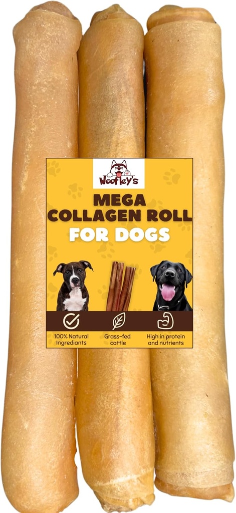 Woofley's Extra Thick Collagen Roll (10-12 Zoll - 3 PCS) - Chews für Hunde - Bully Stick Rawhide Alternative Hundekauen Keine versteckte Knochen für mittlere und große Hunde