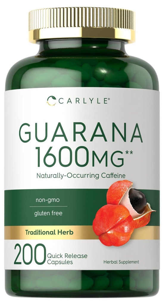 Carlyle Guarana Extract Capsules | 200 Count | Naturally Occurring Caffeine Supplement | Non-GMO, Gluten Free