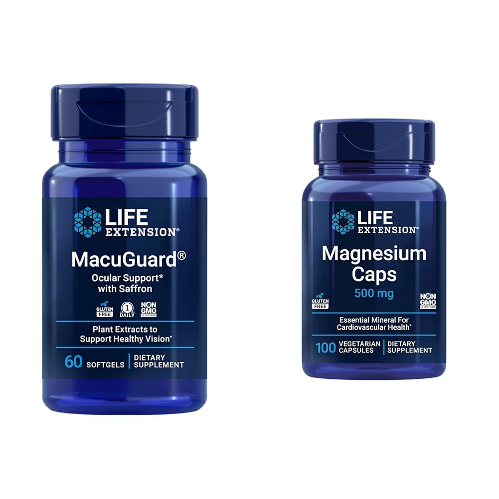 Life Extension MacuGuard Eye Health Supplement with Magnesium Capsules 500mg - Lutein, Zeaxanthin, Meso-zeaxanthin and Saffron for Healthy Vision - 60 Softgels and 100 Vegetarian Capsules