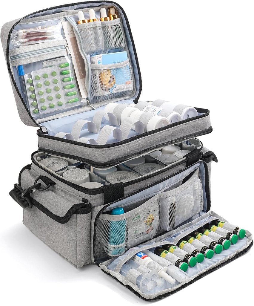Medizin-Organisator mit verstellbarer Divider, Doppel-Layer-Medizin Flasche Organizer Speicher, Portable Home Health Erste Hilfe Tasche, Medizin Organizer Box für Notfall-Medikamente (nur Bag)