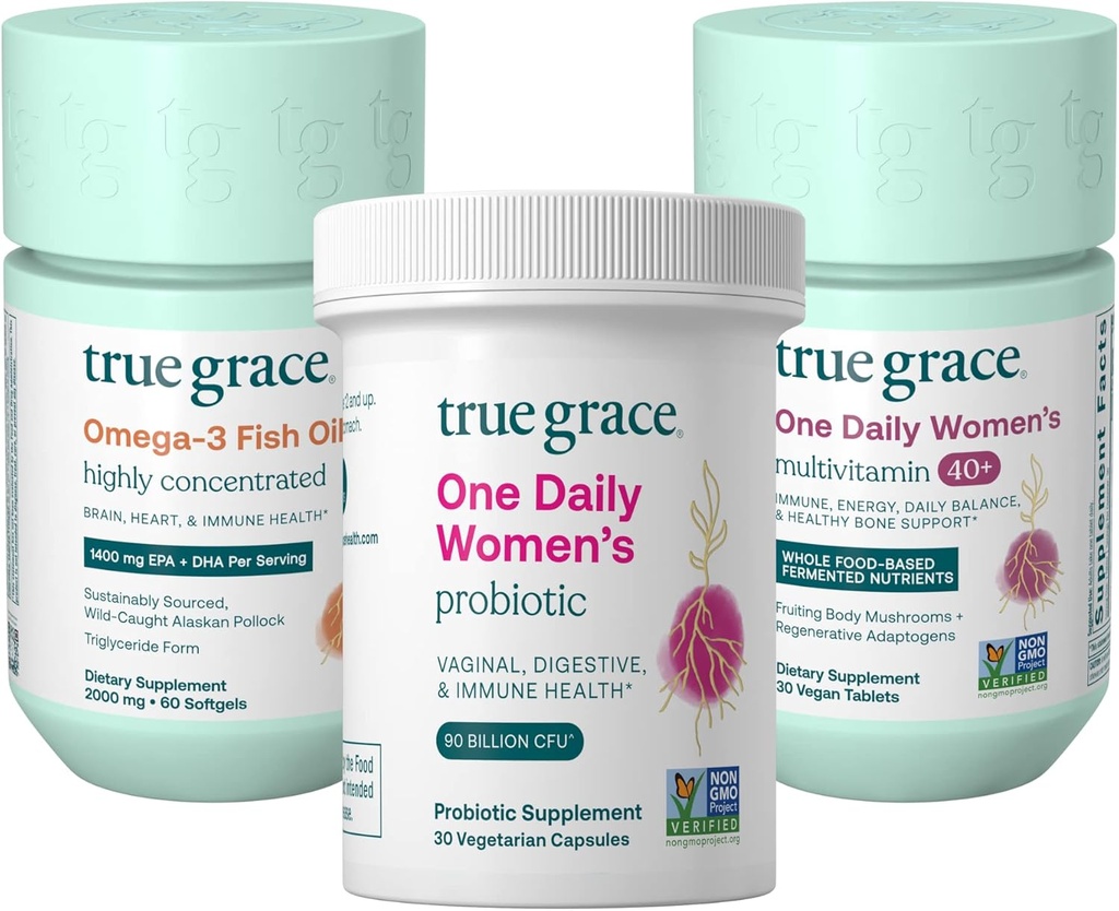 True Grace One Daily Women’s Multivitamin 40+ (30 Vegan Tablets), Omega-3 Fish Oil (60 Softgels) & One Daily Women’s Probiotic (30 Vegetarische Kapseln) - 30-Day Supply of Every