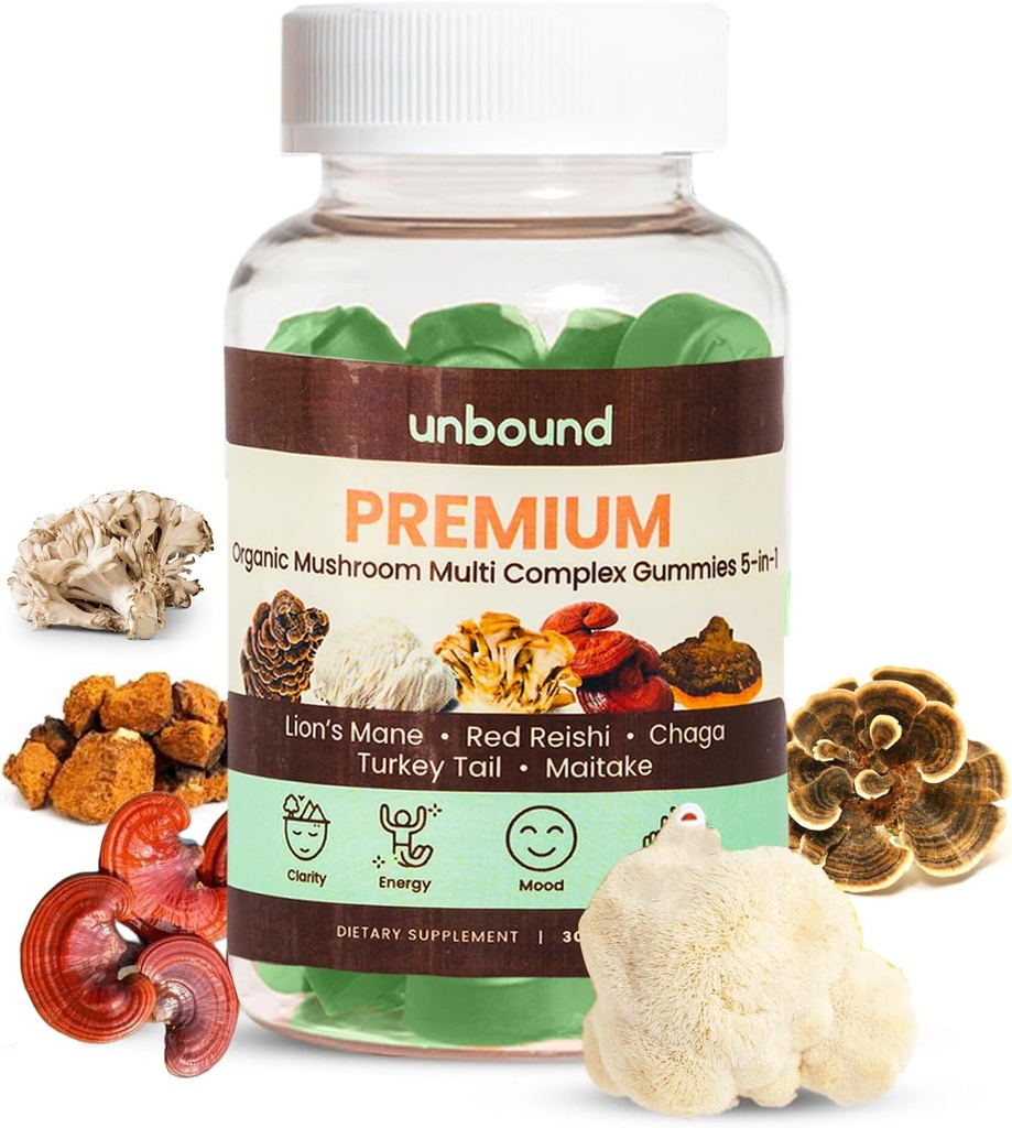 Unbound Premium Organic Mushroom Multi-Complex Gummis für Support Memory 5 in 1, Blend with Chaga, Lion's Mane, Reishi, Turkey Tail, Maitake - 60 Gummis,