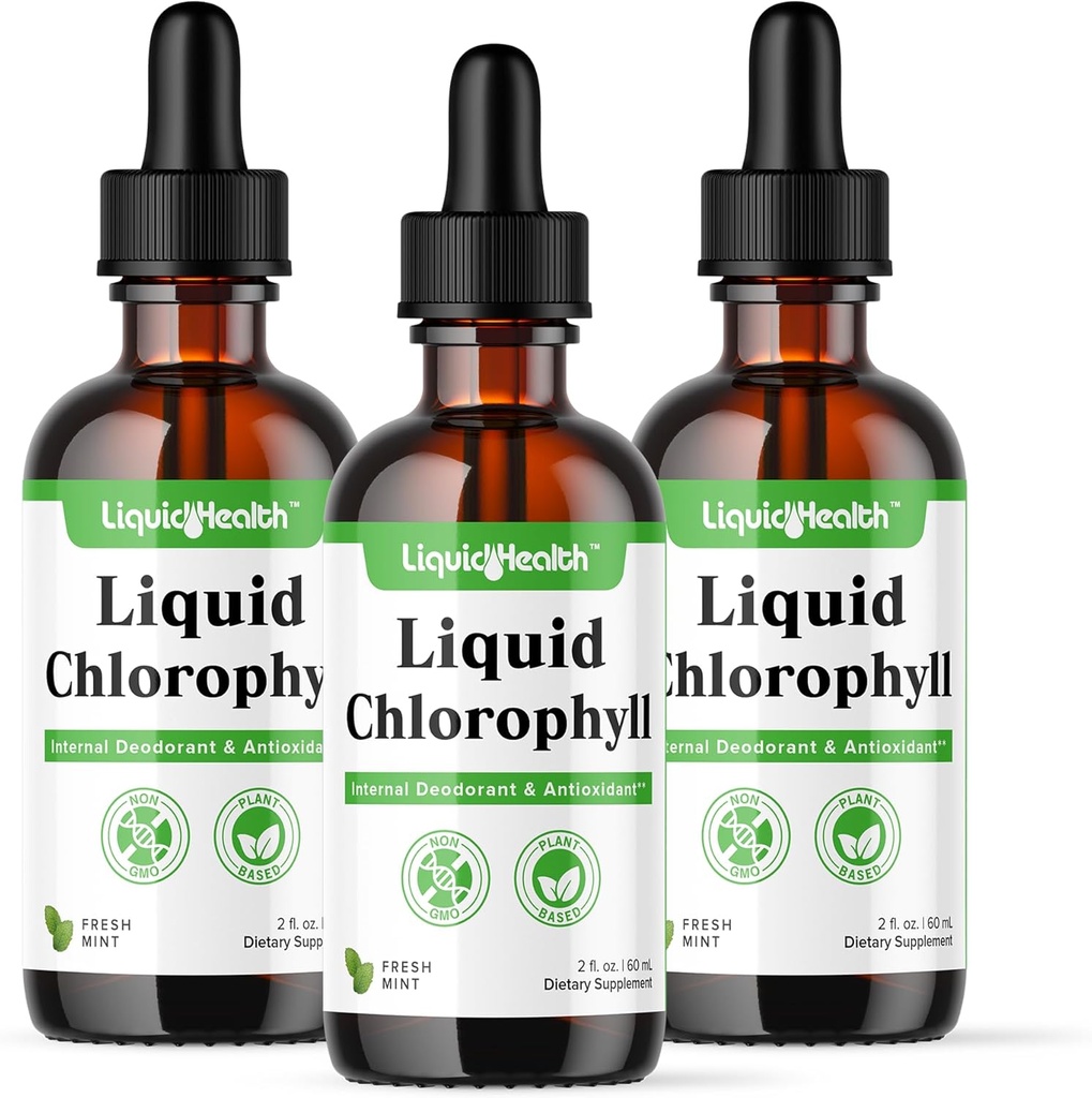 LIQUIDHEALTH Flüssige Chlorophyll Tropfen - interner Deodorator, Antioxidantien, Leberentgiftung, Immununterstützung, Relieve Bad Breath, Reduzieren Appetit, Collagen für Haare & Haut Gesundheit - Vegan, Non-GMO (3 Pack)