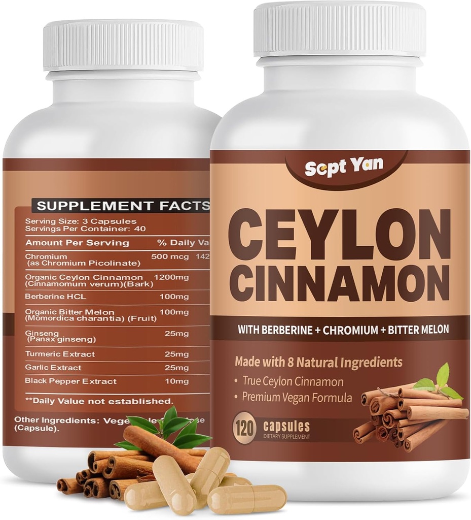 Ceylon Cinnamon Kapseln 1200mg Cinnamon Bark Ergänzungen mit Chrom, Berberine HCL & Turmeric, Vegan, 120 Kapseln, Energie, Stoffwechsel, Herz & Immununterstützung