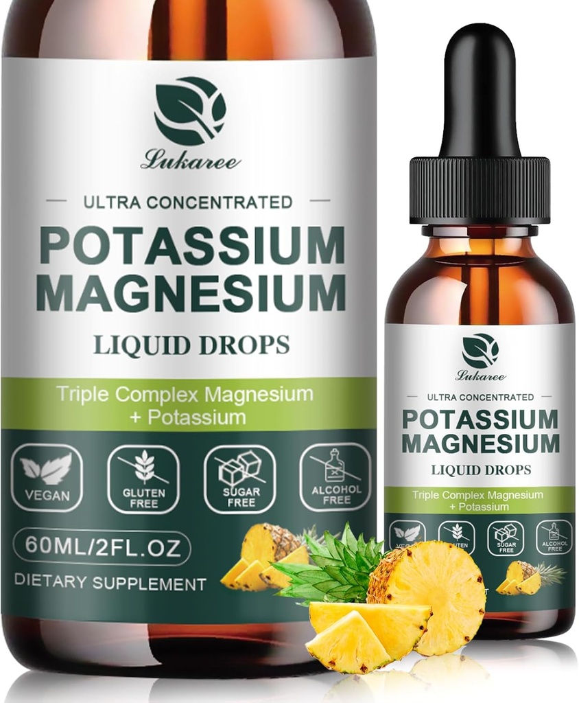 Kalium Magnesium Supplement Flüssigkeit w/Triple Complex Magnesium Glycinate & Kalium Plus Omega 3, Sea Moss, Black Seed, D3K2 & Calcium für Zzz, Leg Cramps & Muskel-2 FL OZ Drop