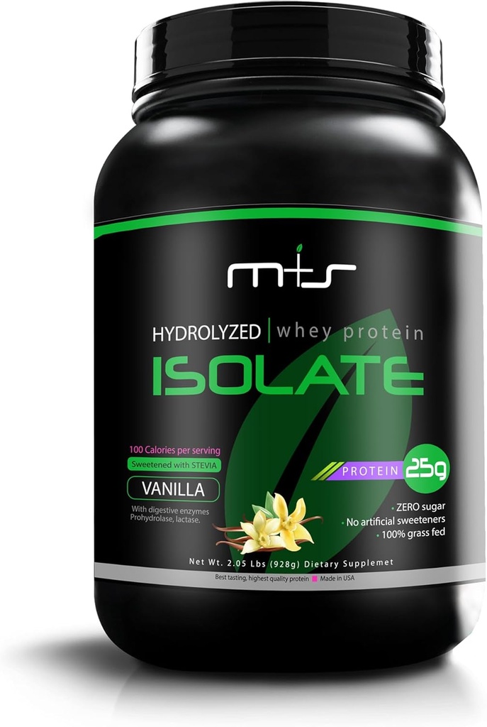 M+S 100% Gras Fed - Hydrolysed Whey Protein Isolate Pulver- Glutenfrei, schnell absorbierend, leicht digesting, Stevia Sweetened (Vanilla, 2.05 Lb)