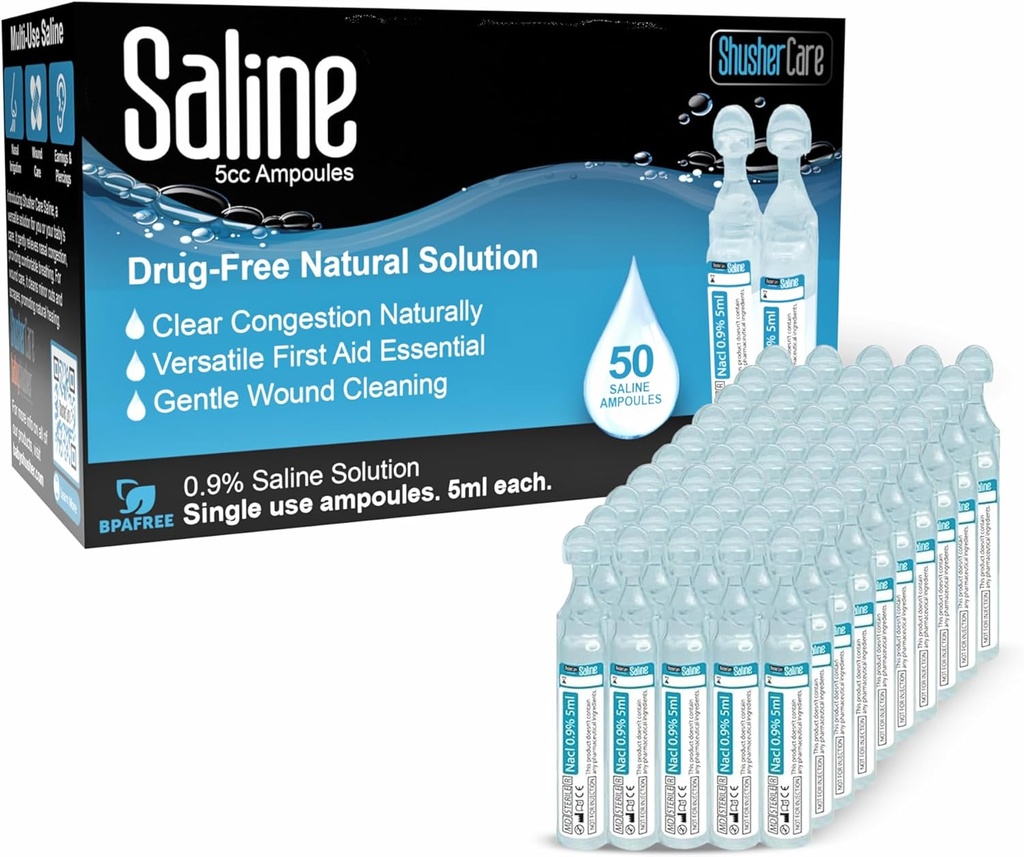 Saline Ampullen - Saline Lösung für Vernebler, Natriumchlorid 0.9%, Nasal Cleanse für Babys, Kinder, & Erwachsene, Sterile Nasal Care, Wound Cleansing - 50 Count (5ml Jeder)