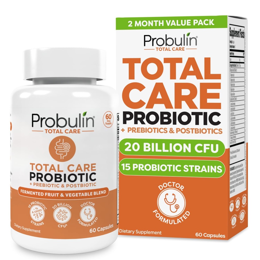 Probulin Total Care Probiotic Supplement, Daily Gut, Digestive und Immune Health Probiotics Kapseln für Männer und Frauen, 20 Billion CFU, Vegan, 60 Count Bottle