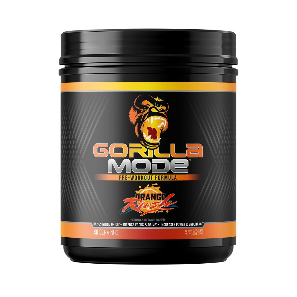Gorilla Mind Pre Workout - Massive Pumps Laser Focus Energy Power - L-Citrulline, Creatine, L-Tyrosine, Betaine, Hydroprime, Alpha-GPC, 400mg Koffein, Huperzine A - 796g (Orange Rush)