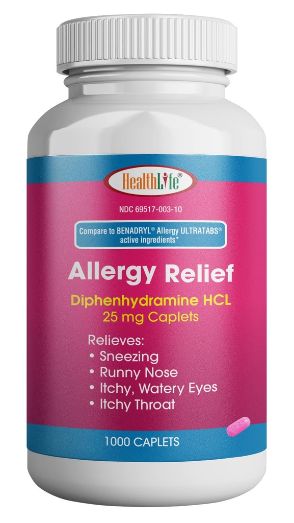 HEALTH LFE Allergy Relief, Medizin Diphenhydramine HCl Caplets, 25 mg | Kinder und Erwachsene | Relieves Sneezing, Runny Nose, Hay Fever Symptoms, Itchy Eyes and Throat (Large,1000 Count)