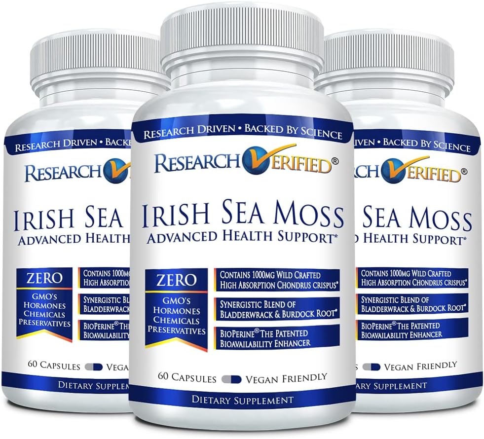 Forschung Verified Irish Sea Moss - Bladderwrack, Burdock, BioPerine - Rich in Prebiotics - Boost Immunity, Aid Digestion - 180 Kapseln - Vegan - Made in USA