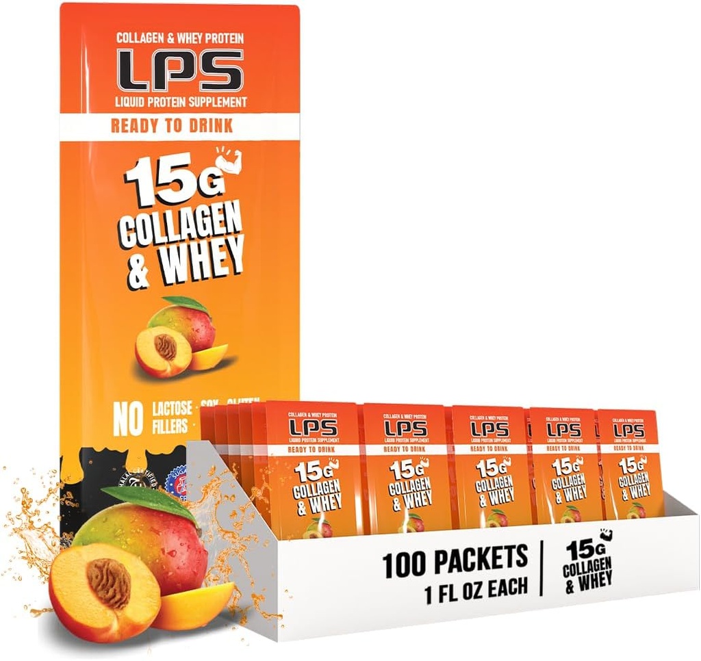Ernährungsdesigns LPS Liquid Collagen & Whey Protein Supplement - Non-GMO Drink, Sugar-Free - fördert gesunde Haut und Haar für Männer & Frauen, Peach Mango, Single Serve (100 Packungen)