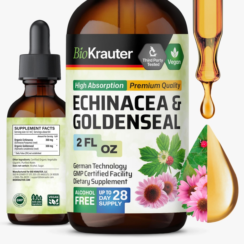BIO KRAUTER Echinacea und Goldenseal Wurzelflüssigkeitsextrakt - Natürliche Immununterstützung - Echinacea Tropfen mit Goldenseal - Vegan, Alkohol & Zucker freie Tinktur - 2 Fl.Oz.