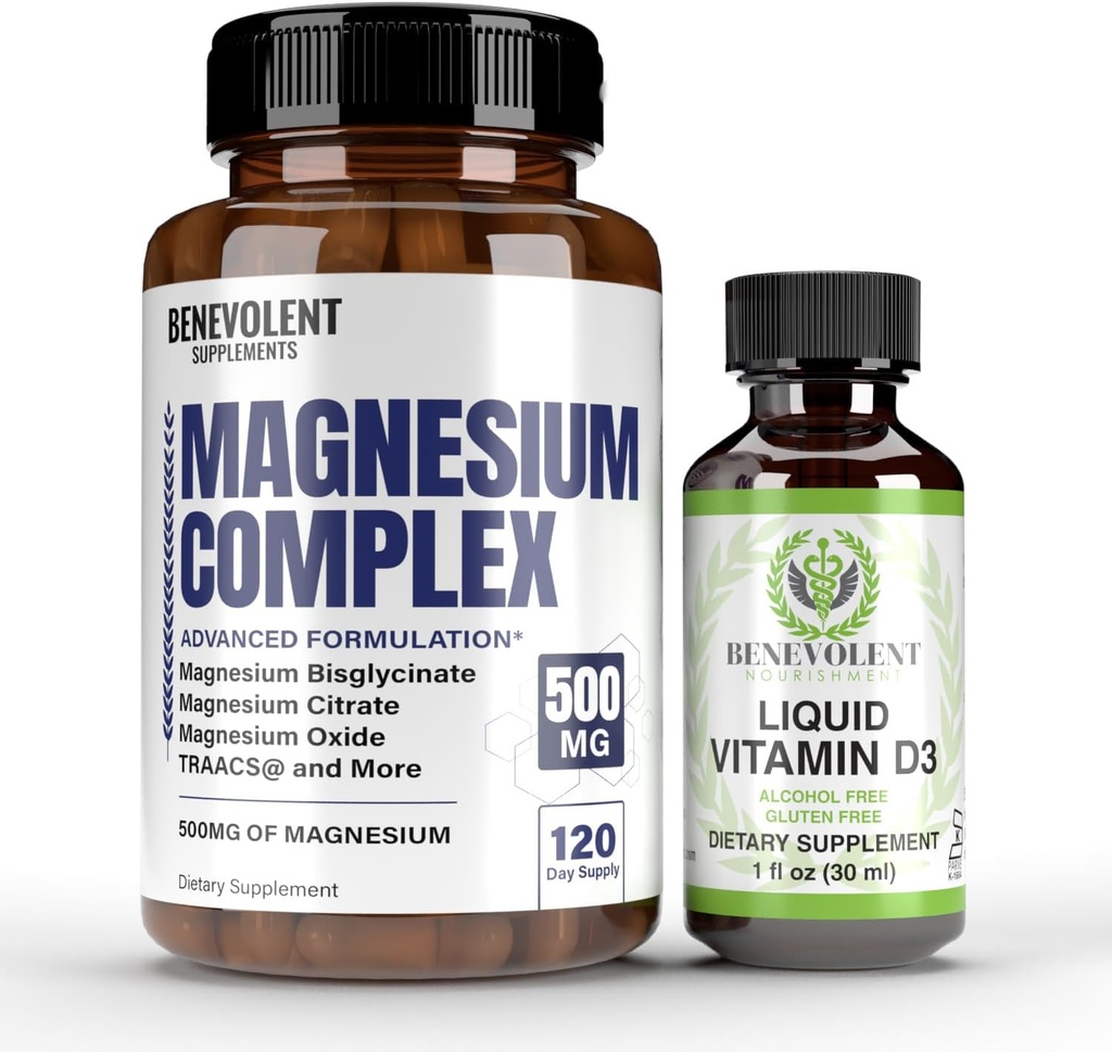 Magnesiumkomplex mit 5 besten Formen & Flüssiges Vitamin D3 5000 IU Bundle - 4 Monate Versorgung von 500mg Magnesium Glycinat, Oxid, Taurat, Chelat, Magnesium Citrat - Schlaf- und Immununterstützung