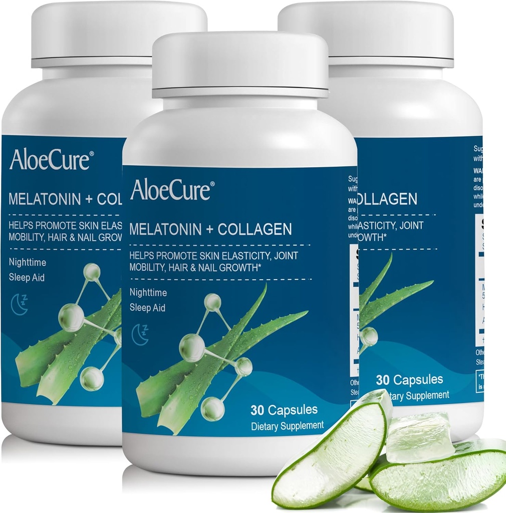 AloeCure Natural Melatonin + Kollagen mit Bio Aloe Vera - Natürliche Schlafhilfe-Ergänzung für erholsame Nächte - Kollagenkomplex für Gelenkstärke, Hautelastizität, Haar- und Nagelwachstum, 30 Kapseln