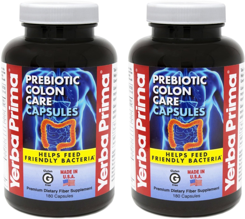 Yerba Prima Prebiotic Colon Care Capsules Dietary Fiber, 180 Count, (Pack of 2) - Fünf Formen von Fiber Plus FOS Prebiotics Supplement - Soluble & Unlöslich für Regularity & Digestive Support