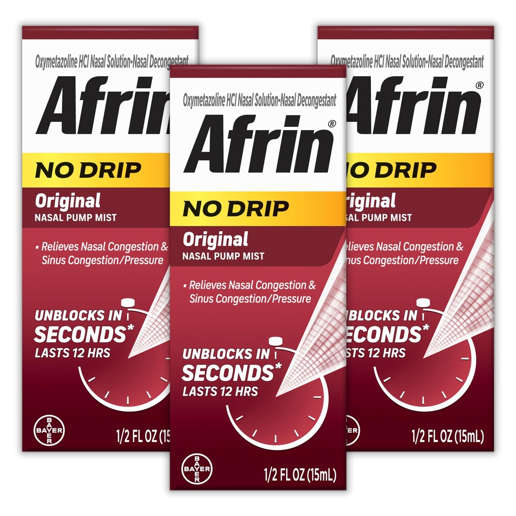 AFRIN No Drip Original Nasal Mist Triple Pack, Non-Drowsy, Fast-Acting Decongestant für Nasal Congestion und Sinus Druck Relief, Erwachsene und Kinder 6 und älter, .5 fl oz (Pack von 3)