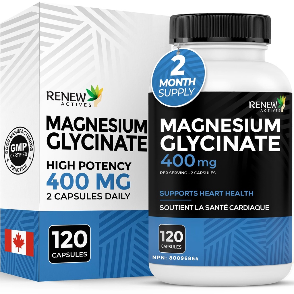 RENEW ACTIVES Magnesium Glycinat 400MG pro 2 Kapseln reines Magnesium-Biglycinat für Ganzkörper-Entspannung, Schlaf, Muskeln, Knochen & Energie - Elektrolyt Balance - Made in Canada -120 Kapseln