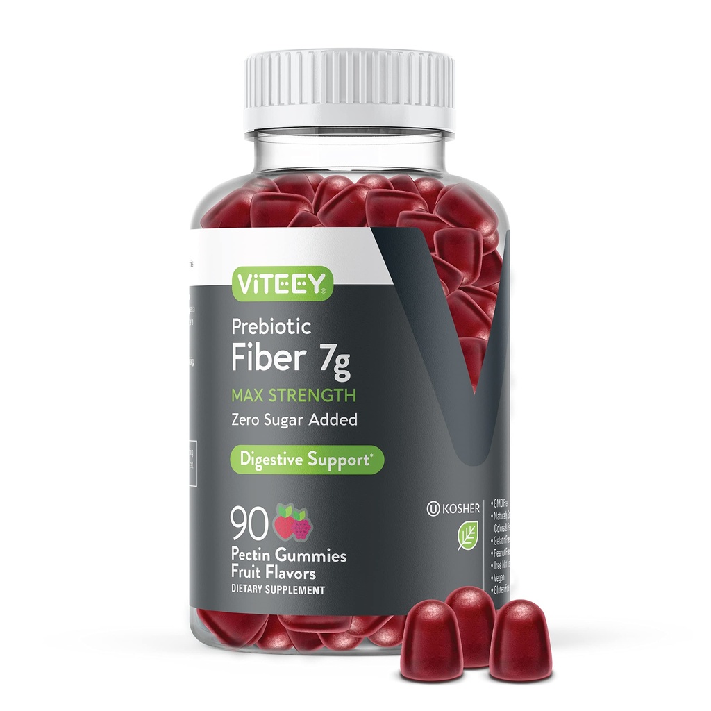 Viteey Prebiotic Fiber Gummis für Erwachsene, 7g - Gut Health & Digestive Soluble Fiber Supplement Gummis - Zero Sugar Hinzugefügt, Vegan, Gluten-Free - 90 Count