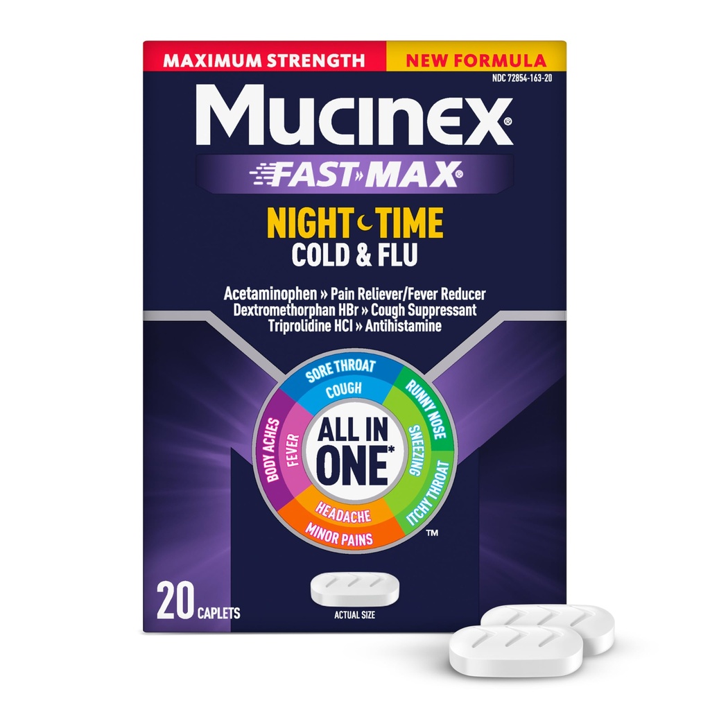 Mucinex Nightshift Cold & Flu, Maximum Strength Powerful MultiSymptom Nighttime Relief, 20 Fast Release Caplets - Pain Reliever/Fever Reducer, Cough Suppressant, Antihistamin